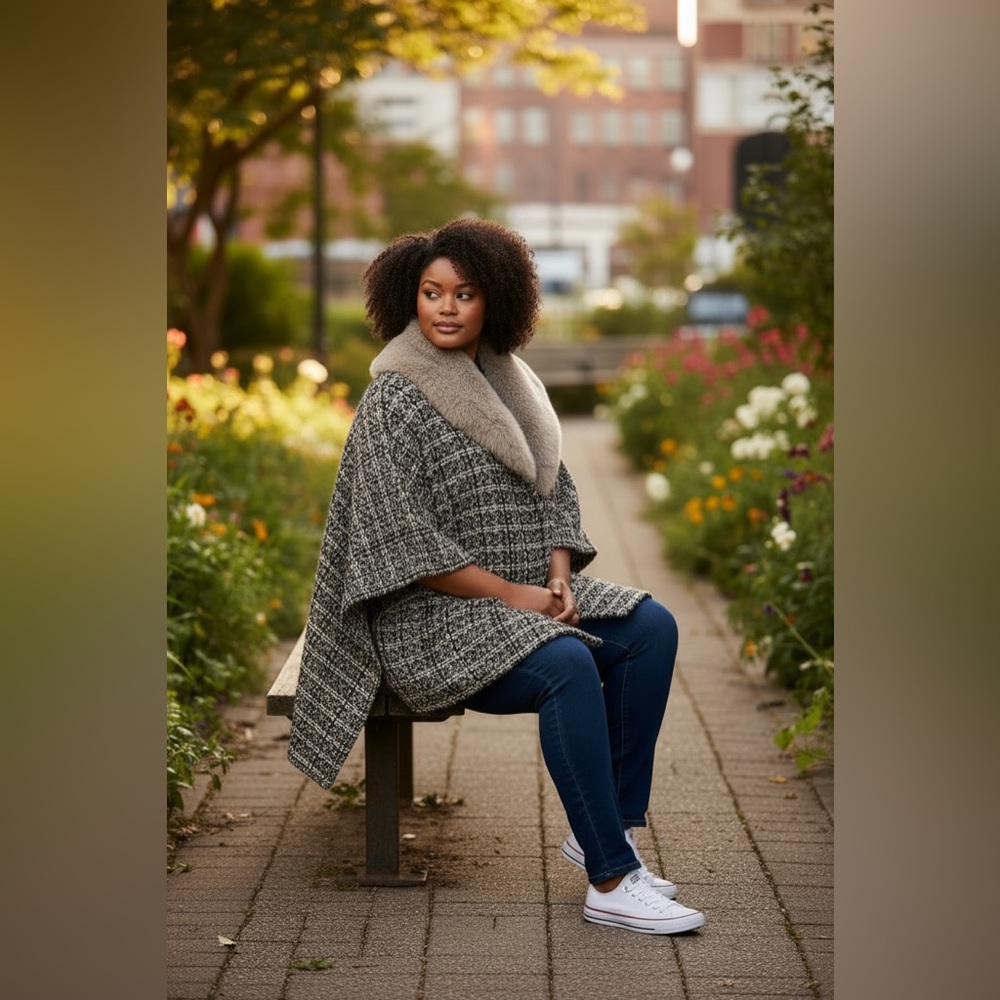 Poncho Style Jacket‎ with Faux Fur Collar. Tweed look. One Size